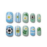 Stadium Vibes Blue Stripe Spirit Square Short Press on nail - Argentina Flag Daisy Football Velvet