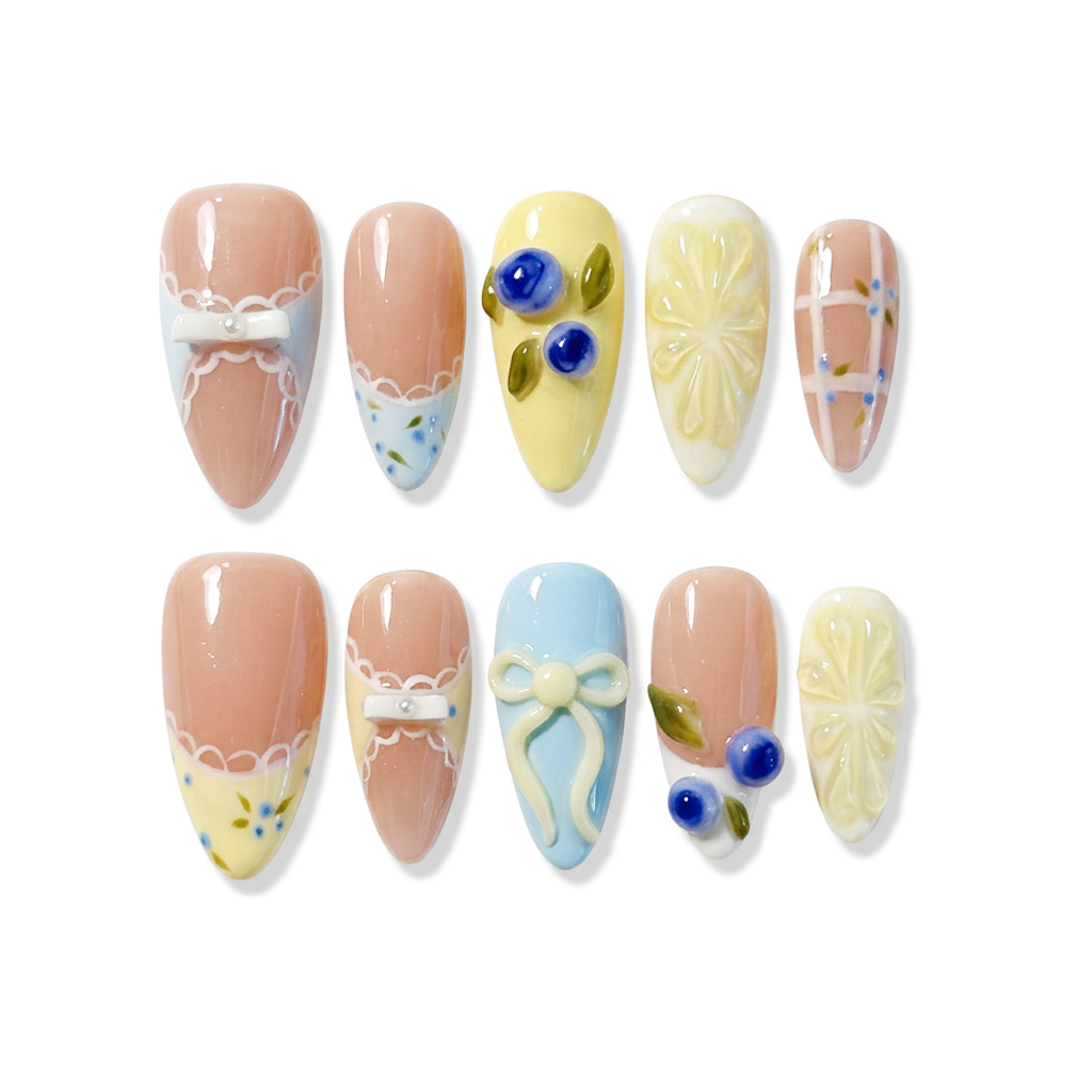 Blueberry Lemon Mojito almond medium handcrafted press-on nails — front view | GlossyMuse
