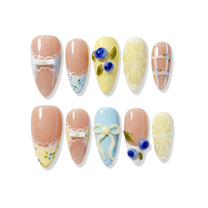 Blueberry Lemon Mojito almond medium handcrafted press-on nails — front view | GlossyMuse