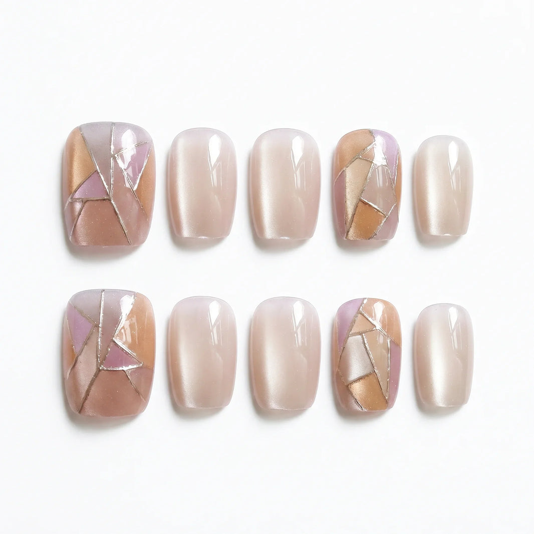 Mosaic Glam Blush Mosaic Square Short Press on nail - Blush Gold Geometric Mosaic Cat Eye