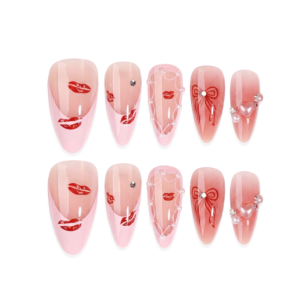 Cherry Kiss Martini almond medium handcrafted press-on nails — front view | GlossyMuse