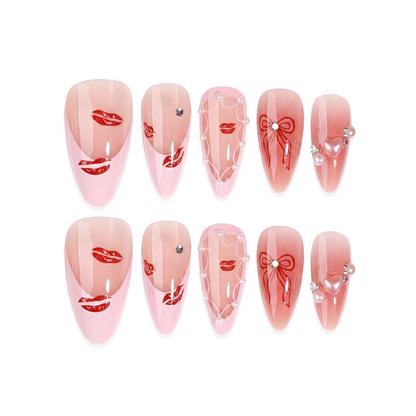 Cherry Kiss Martini almond medium handcrafted press-on nails — front view | GlossyMuse