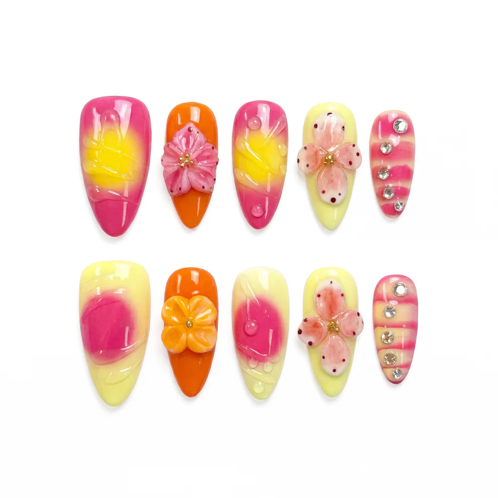 Citrus Punch Margaita almond medium handcrafted press-on nails — front view | GlossyMuse