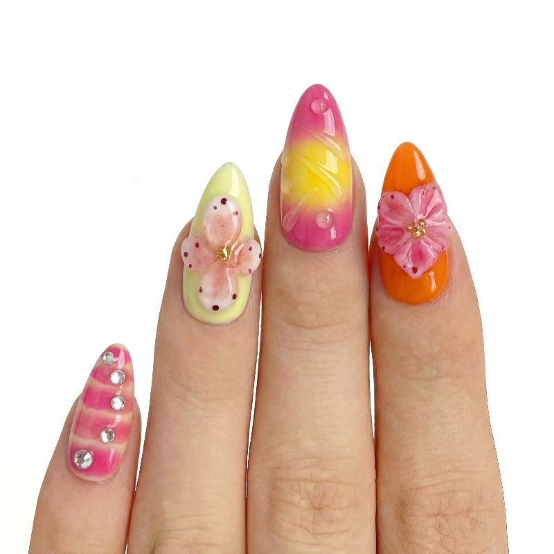 Citrus Punch Margaita press-on nails 3D detail shot — almond shape | GlossyMuse