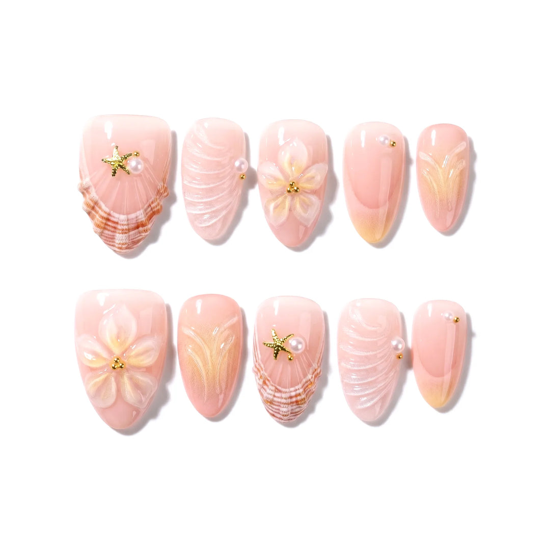 Shell Blush Coastal Muse Almond Medium Press on nail - Blush Pink Shell Fan Gold Starfish 3D Floral Summer
