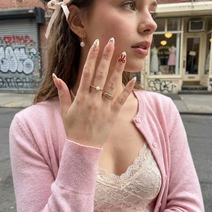 Coquette Cherry | Burgundy Bow Medium Almond Press On Nails