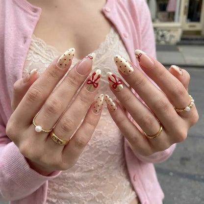 Coquette Cherry | Burgundy Bow Medium Almond Press On Nails