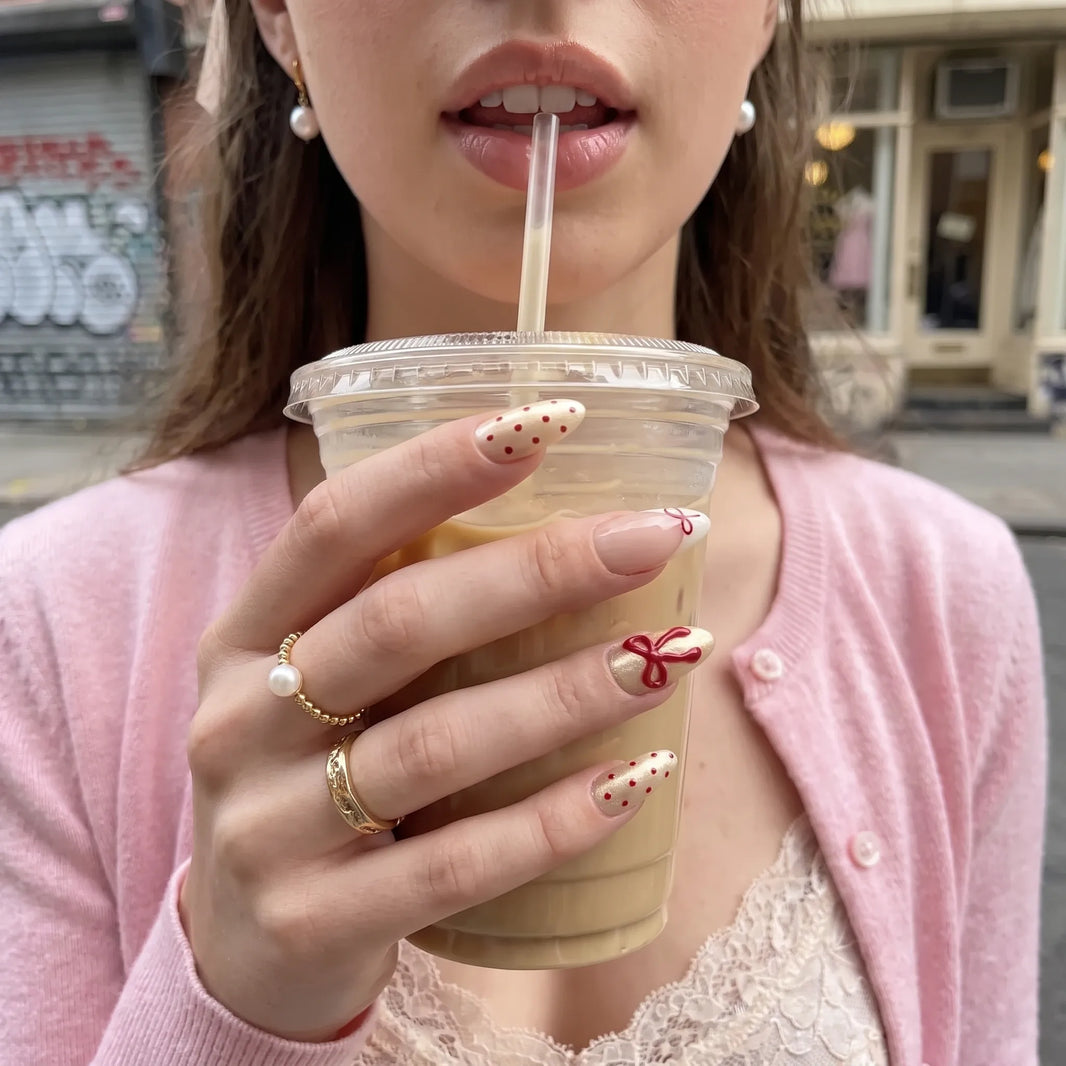 Coquette Cherry | Burgundy Bow Medium Almond Press On Nails