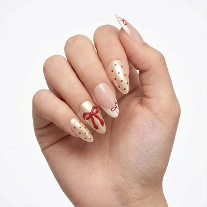 Coquette Cherry | Burgundy Bow Medium Almond Press On Nails