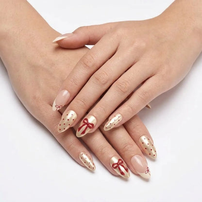 Coquette Cherry | Burgundy Bow Medium Almond Press On Nails