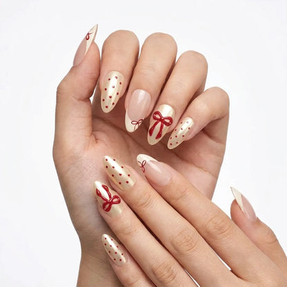 Coquette Cherry | Burgundy Bow Medium Almond Press On Nails