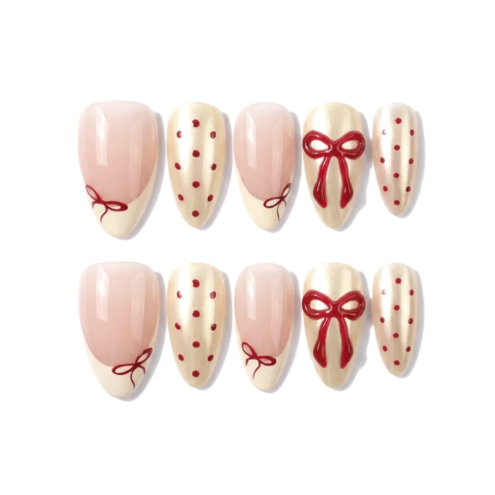 Coquette Cherry | Burgundy Bow Medium Almond Press On Nails
