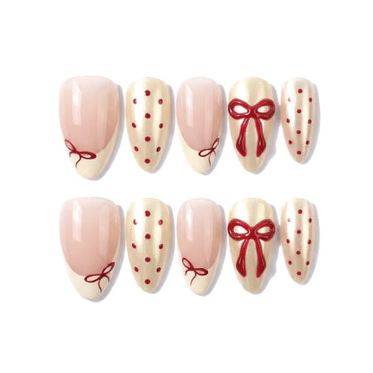 Coquette Cherry | Burgundy Bow Medium Almond Press On Nails