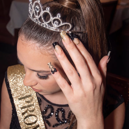 Model wearing High-Fashion Chic  Couture Noir square press-on nails — lifestyle close-up | GlossyMuse