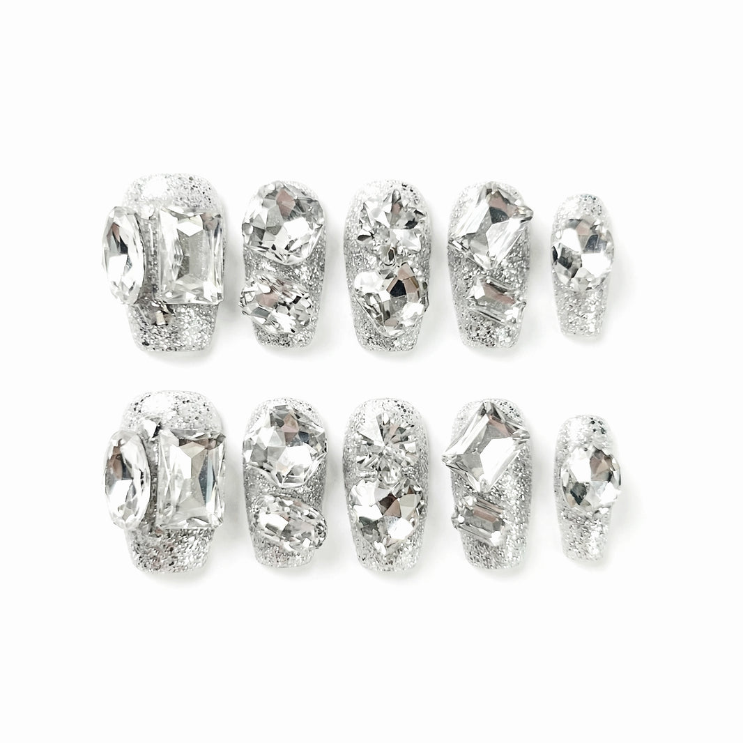 Crystal Gloss Spark almond medium handcrafted press-on nails — front view | GlossyMuse