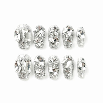 Crystal Gloss Spark almond medium handcrafted press-on nails — front view | GlossyMuse