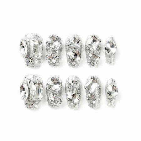 Crystal Gloss Spark almond medium handcrafted press-on nails — front view | GlossyMuse