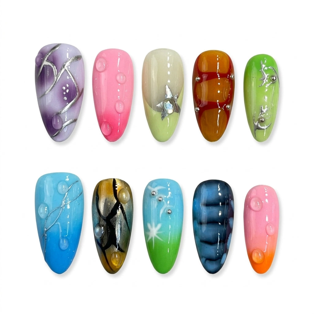 Ten colorful nail art samples featuring designs like stars, bubbles, and stripes.