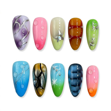 Ten colorful nail art samples featuring designs like stars, bubbles, and stripes.