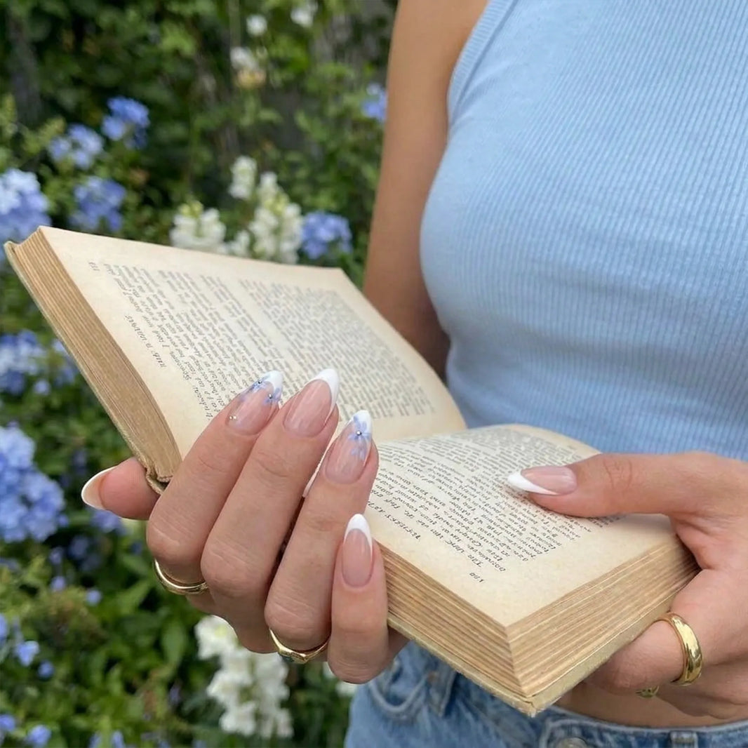 Daily Bloom French | Blue Bloom Tip Almond Medium Press on nail