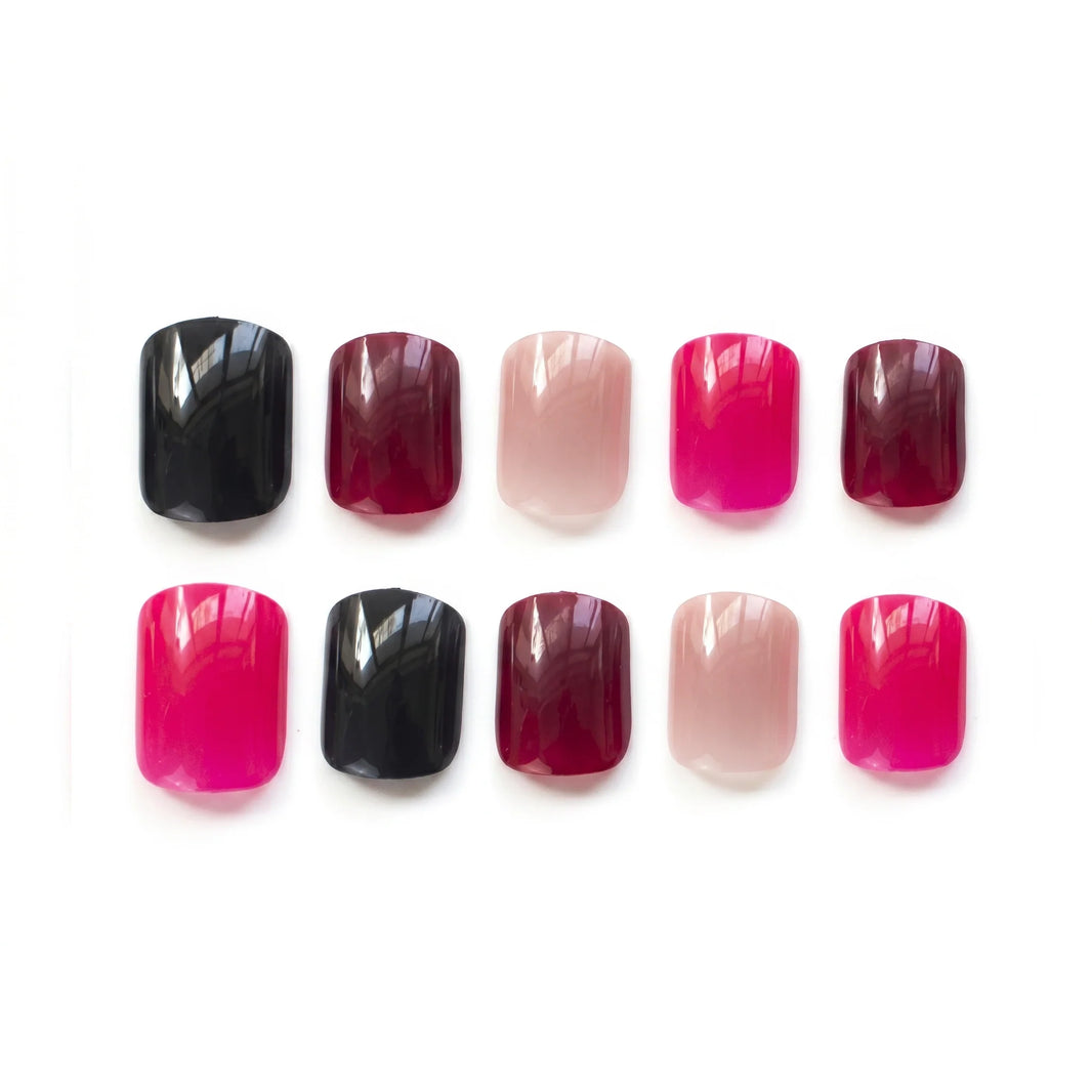 Mood Board Daily Gloss Edit Square Short Press on nail - Multi Color Glossy Black Burgundy Pink Set