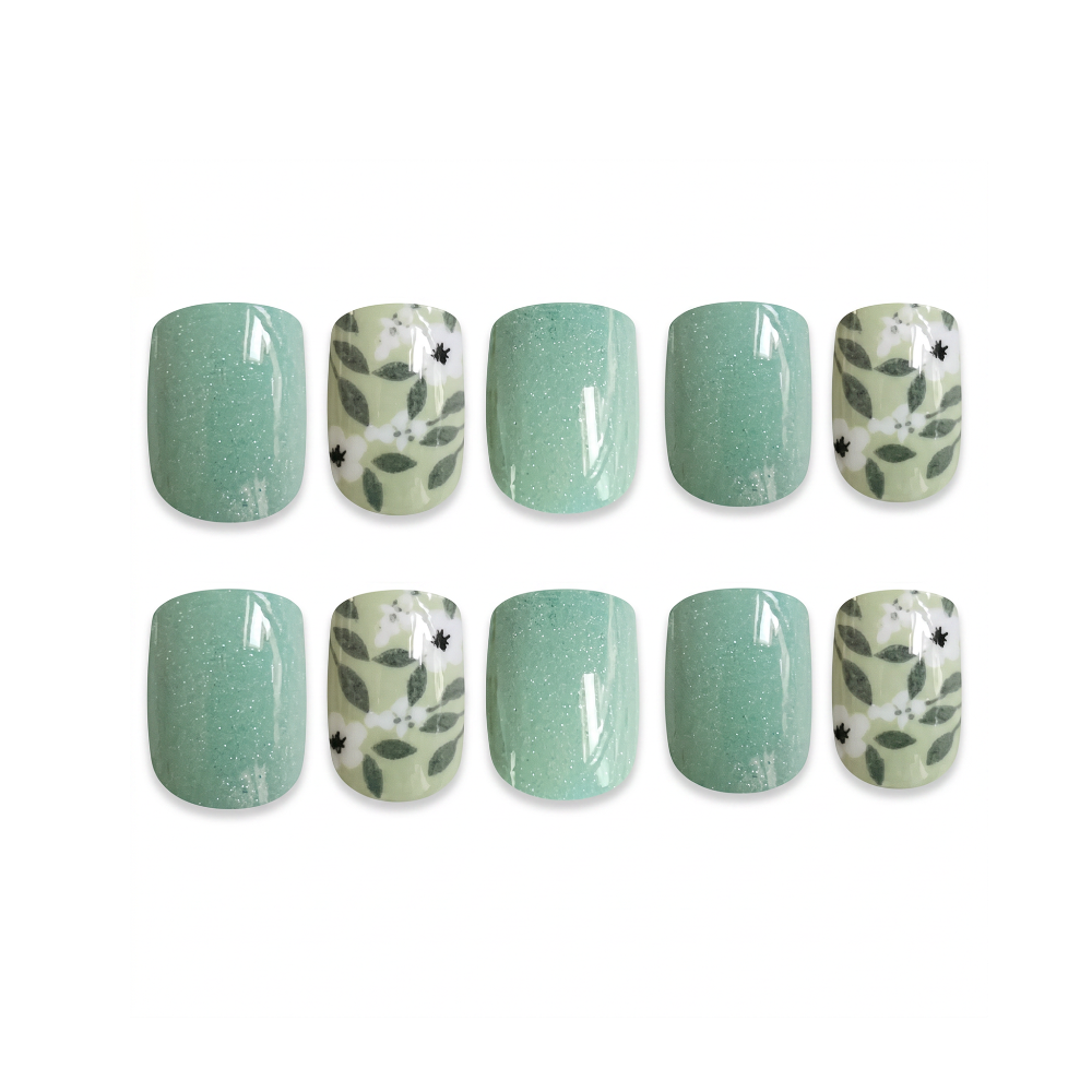 Fresh Air Floral pickleball press-on nails — daily mint green white floral short square | GlossyMuse
