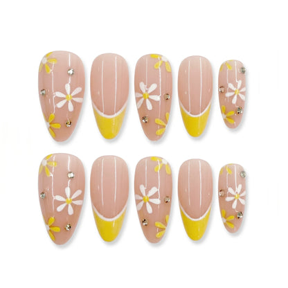 Sunny Daydream Daisy Daydream 1 Almond Long Press on nail - Yellow French Tip White Daisy Rhinestone Summer