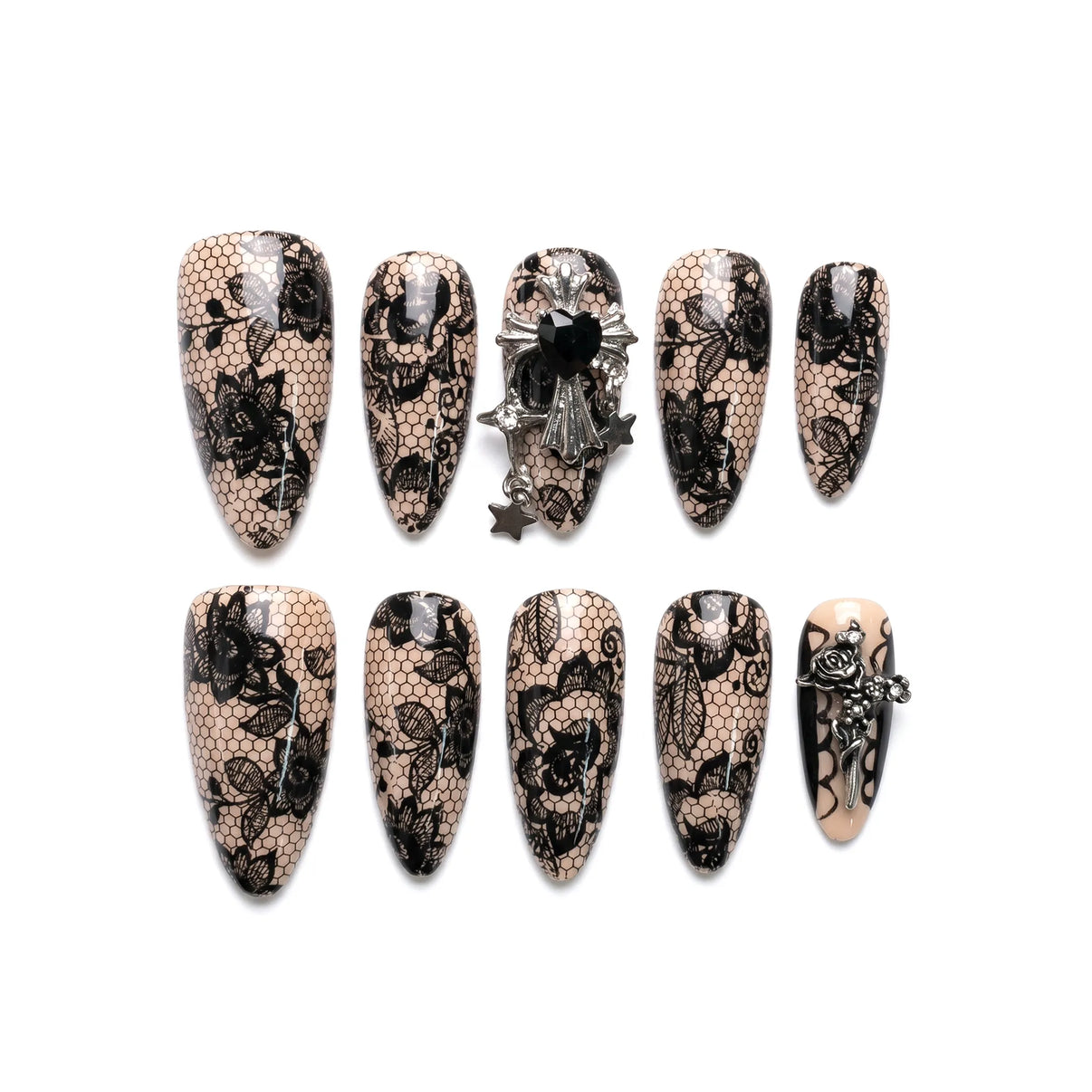 Gothic Grandeur | Dark Lace Enigma Almond Medium Press on nail