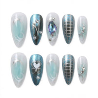 Diamond Inferno almond medium handcrafted press-on nails — front view | GlossyMuse