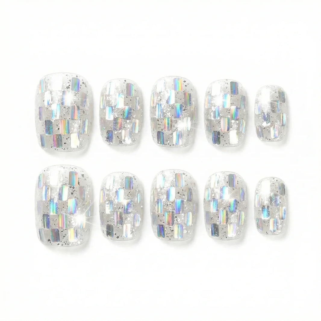 Disco Spark Cubes almond medium handcrafted press-on nails — front view | GlossyMuse