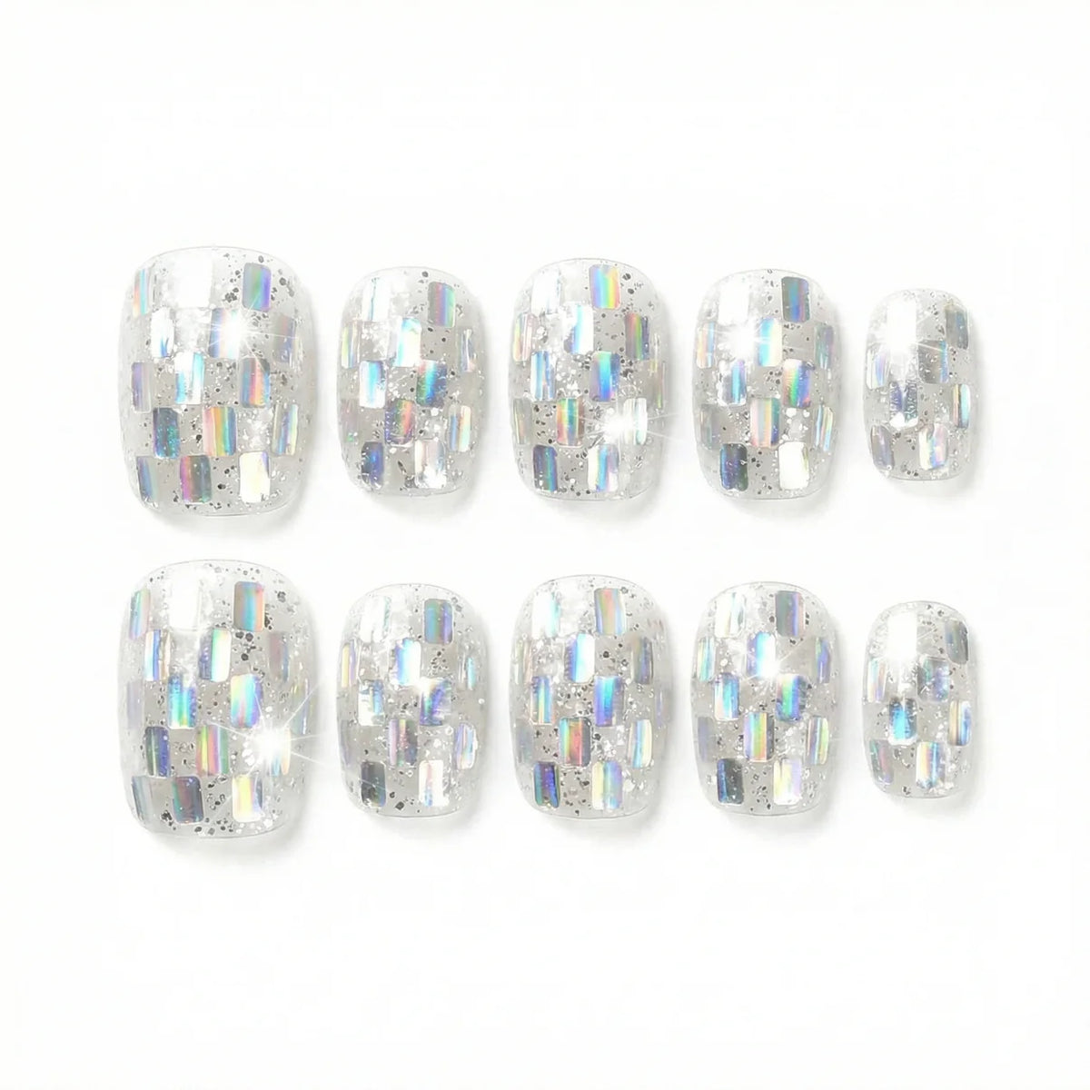 Disco Spark Cubes almond medium handcrafted press-on nails — front view | GlossyMuse