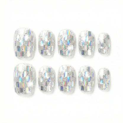 Disco Spark Cubes almond medium handcrafted press-on nails — front view | GlossyMuse