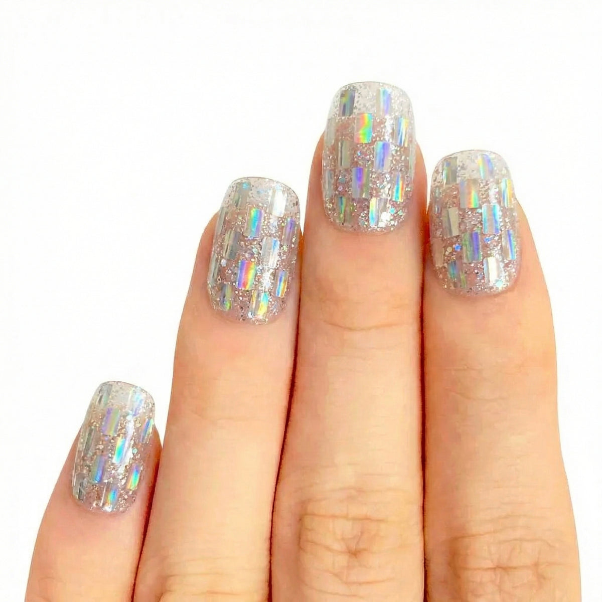 Disco Spark Cubes press-on nails 3D detail shot — almond shape | GlossyMuse