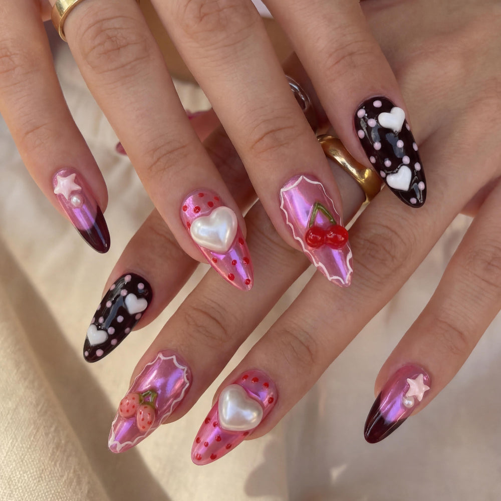 Model wearing Electric Berry Sweetheart almond press-on nails — lifestyle close-up | GlossyMuse