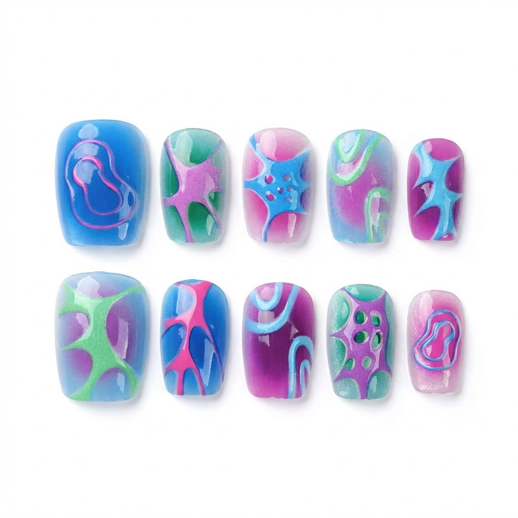Ten colorful nail art designs in shades of blue, pink, green, and purple with abstract patterns.