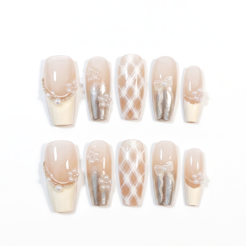 Elegant | Eternal Elegance Coffin Long Press on nail - Pearl Bow Wedding Style