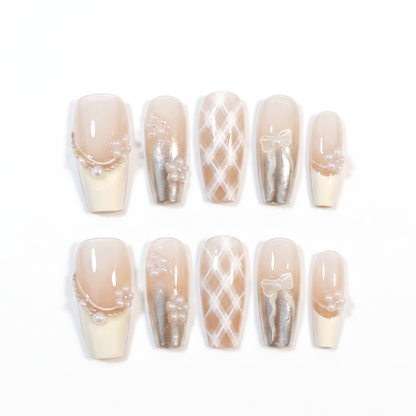 Elegant | Eternal Elegance Coffin Long Press on nail - Pearl Bow Wedding Style