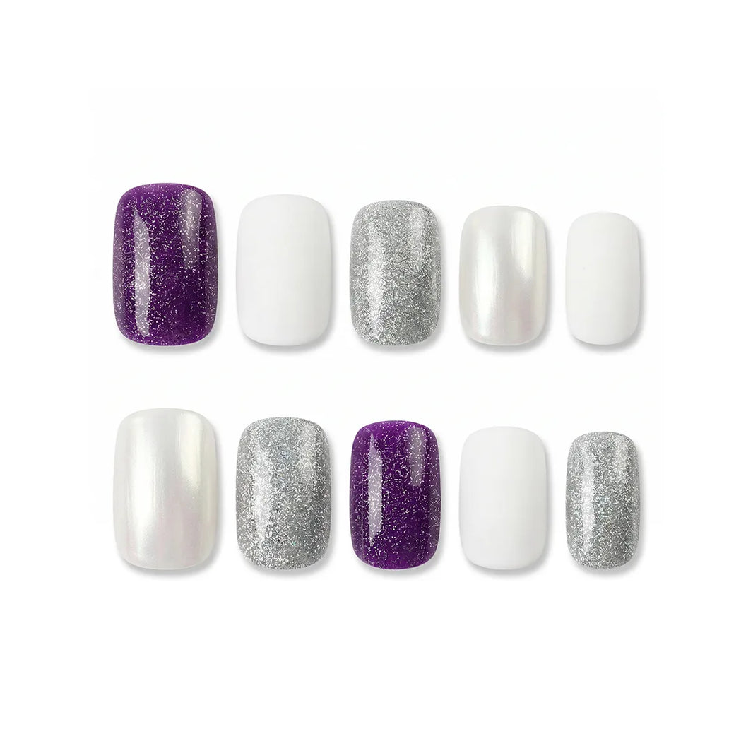 Glam Daily Everyday Shine 1 Square Short Press on nail - Purple Glitter Silver Sparkle Pearl White