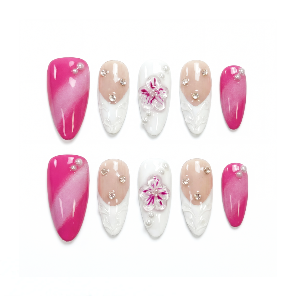 Floral Pink Daiquiri almond medium handcrafted press-on nails — front view | GlossyMuse