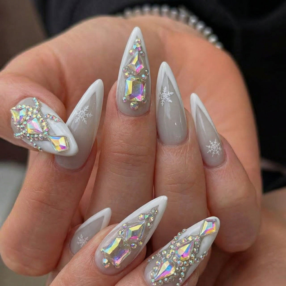 Frosted Glass Spikes press-on nails 3D detail shot — almond shape | GlossyMuse