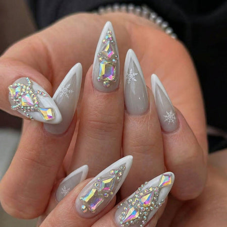 Frosted Glass Spikes press-on nails 3D detail shot — almond shape | GlossyMuse