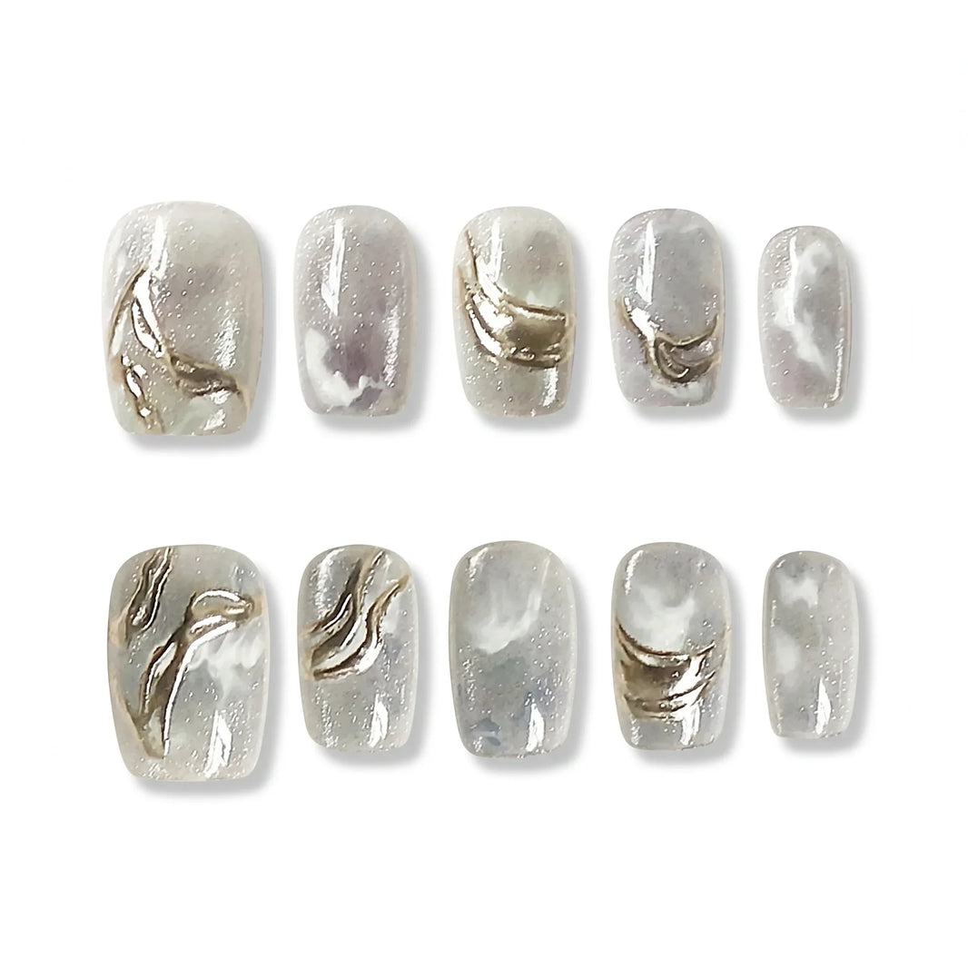 Silver Frost Frostlight Tips Square Short Press on nail - Icy Pearl Silver Aurora Metallic Wave
