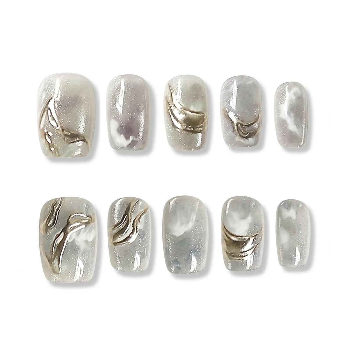 Silver Frost Frostlight Tips Square Short Press on nail - Icy Pearl Silver Aurora Metallic Wave