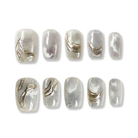 Silver Frost Frostlight Tips Square Short Press on nail - Icy Pearl Silver Aurora Metallic Wave