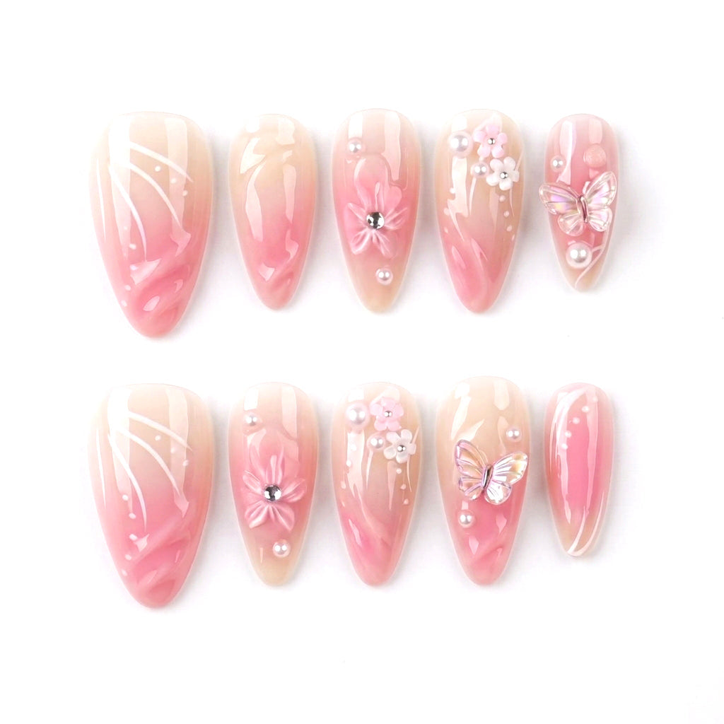 Bridal | Garden of Forever Almond Long Press on nail - 3D Floral Design