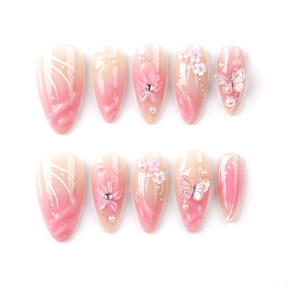 Bridal | Garden of Forever Almond Long Press on nail - 3D Floral Design