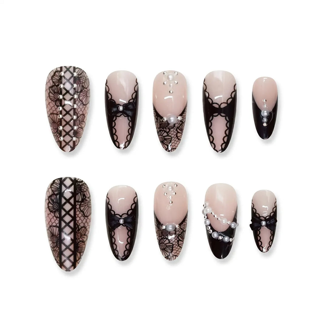 Dark Romance | Glazed Noir Bow Almond Medium Press on nail