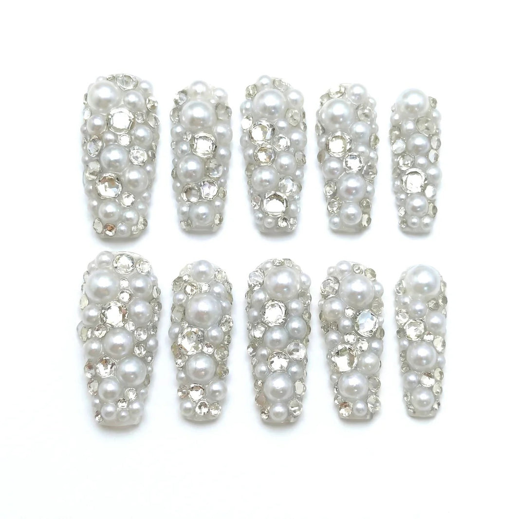 Glossy Party Pearls almond medium handcrafted press-on nails — front view | GlossyMuse