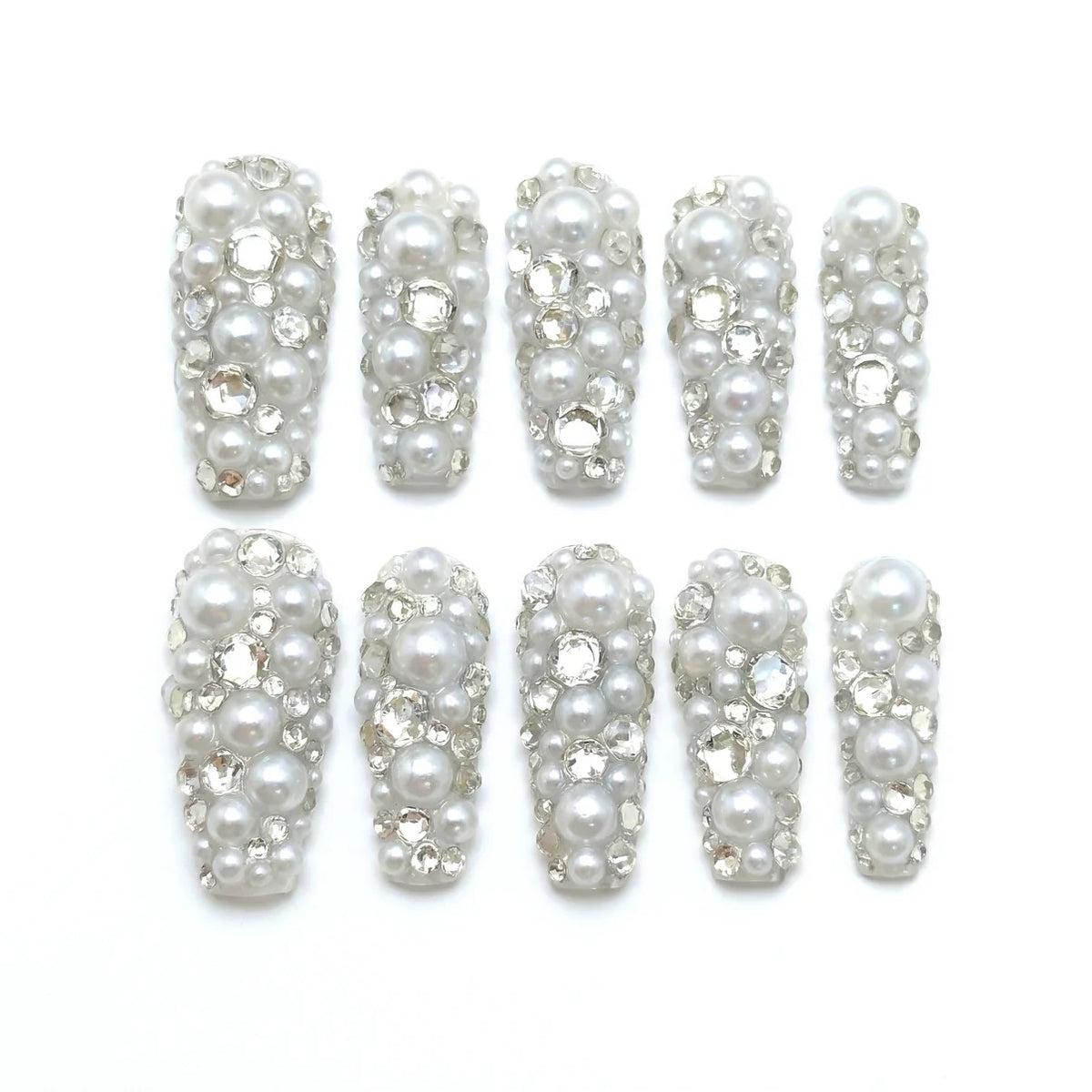 Glossy Party Pearls almond medium handcrafted press-on nails — front view | GlossyMuse