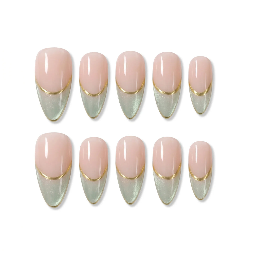 Matcha Luxe Golden Matcha Almond Long Press on nail - Blush Nude Matcha Green Gold French Tip